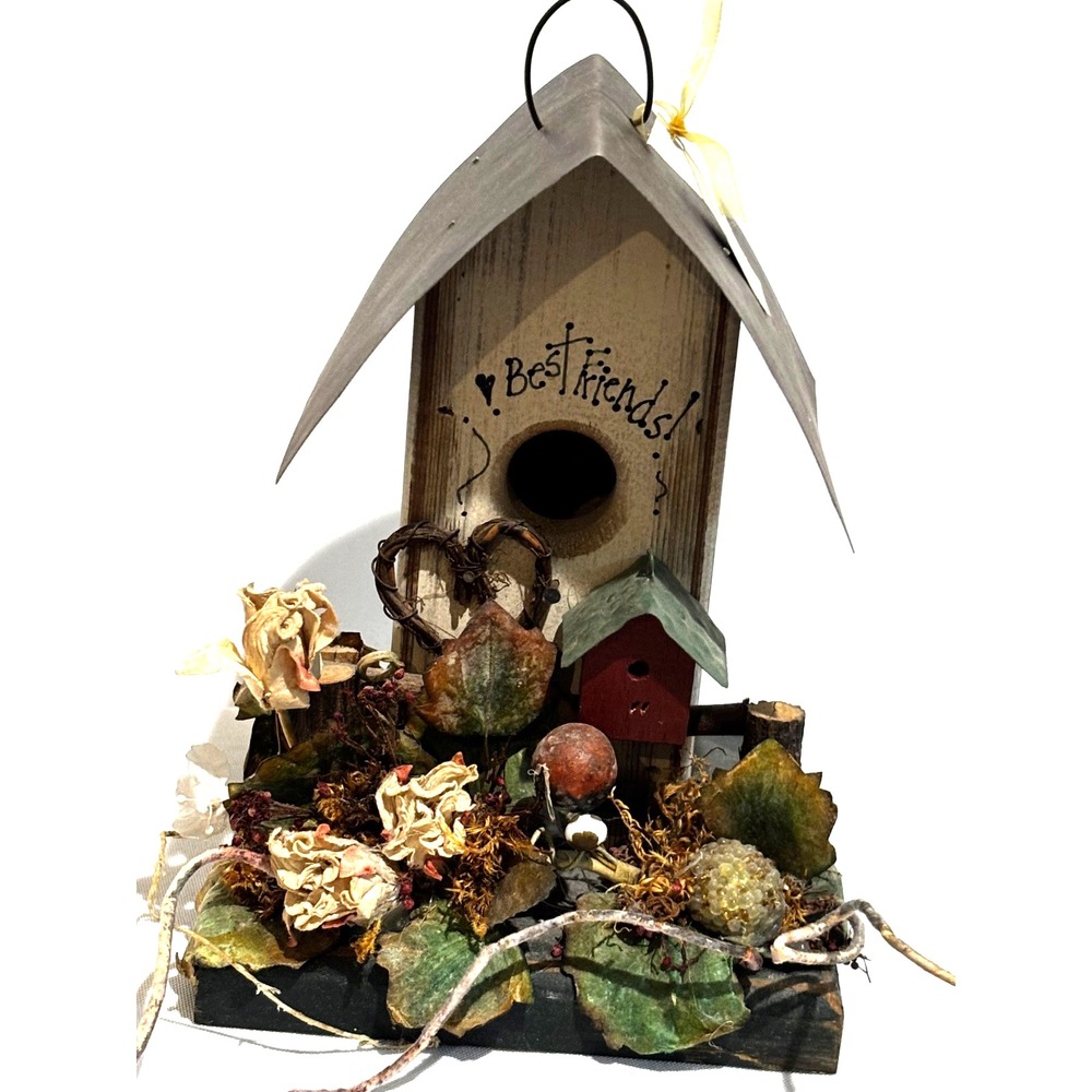 Best Friends Handcrafted Whimsical Design Dried flower Birdhouse garden folk art